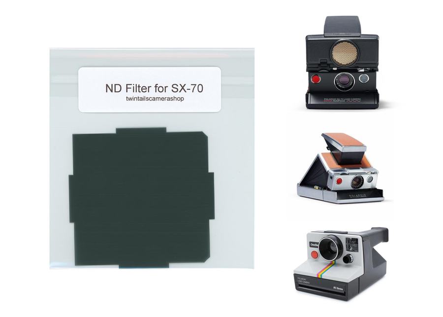 Twin Tails ND filter packet alongside the Polaroid cameras it fits