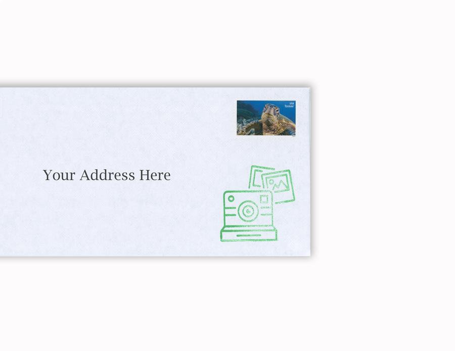 Twin Tails envelope with the green Polaroid camera stamp